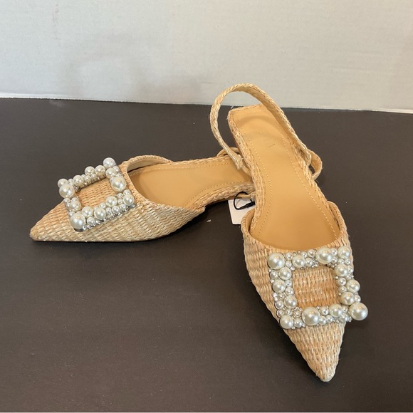 ZARA NWT beige raffia flats with pearl and rhinestone detail 2531/910 size 5 - Picture 5 of 12